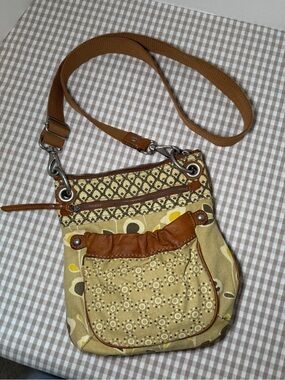 Fossil Boho Floral Canvas/Leather Trim Crossbody Bag  with chunky hardware